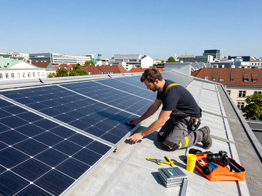 Techniker installiert Solarpanels in Wien und hebt die nachhaltigen Energielösungen von Solar Wien hervor.
