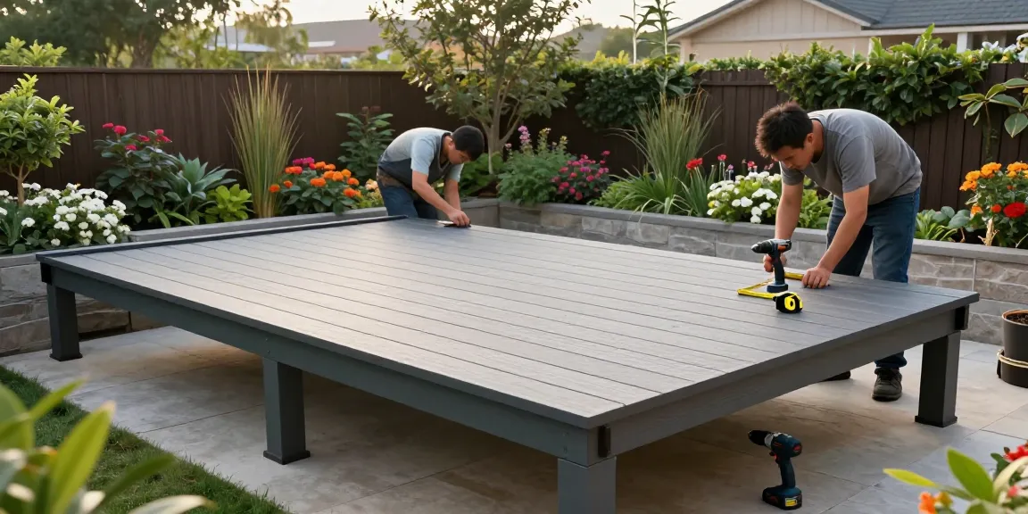 Terrassenüberdachung freistehend im Aufbau mit modernen Design-Elementen und floraler Umgebung.
