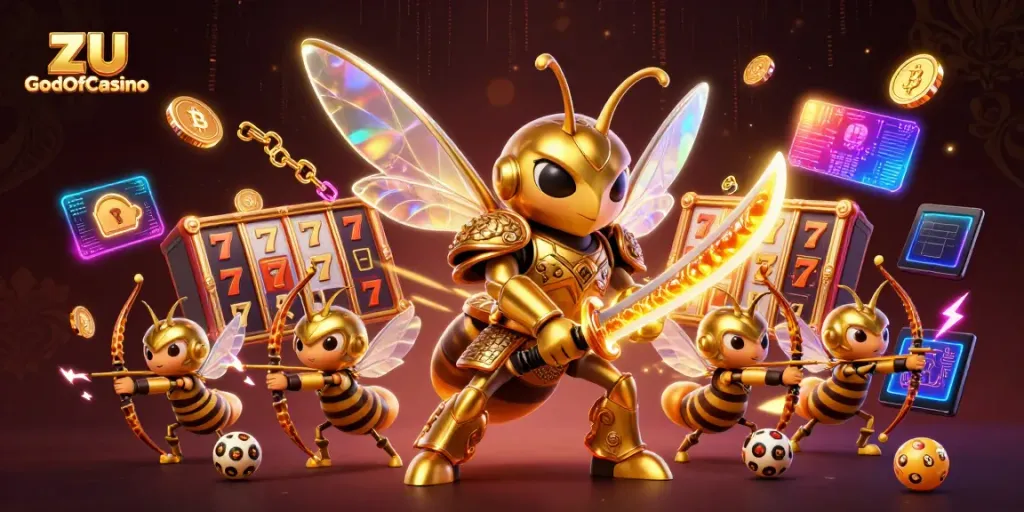 Die dynamische Szene von GodOfCasino mit einem goldenen Hornissenkrieger und Spielautomaten im Hintergrund.