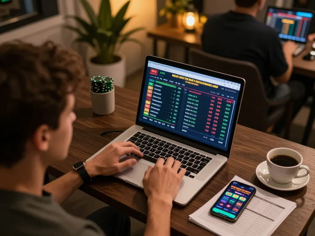Engaging in live sports betting on mb668 with laptop displaying live odds and strategic notes.
