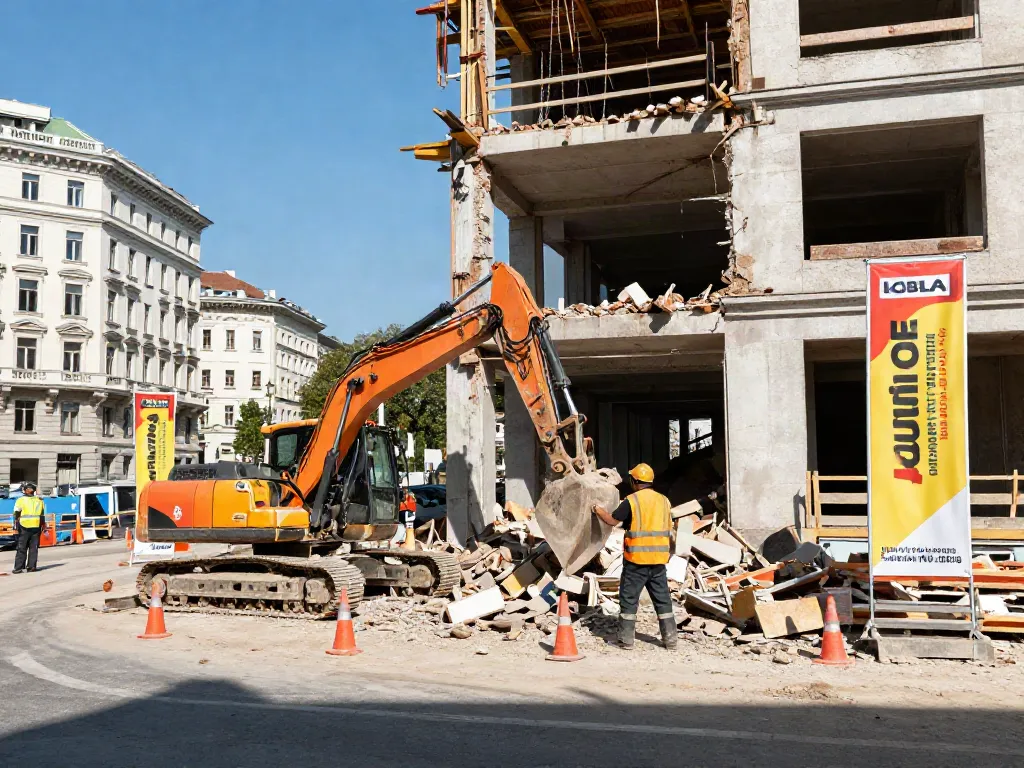Professionelle Abrissarbeiten in Wien mit Bauarbeitern und Maschinen