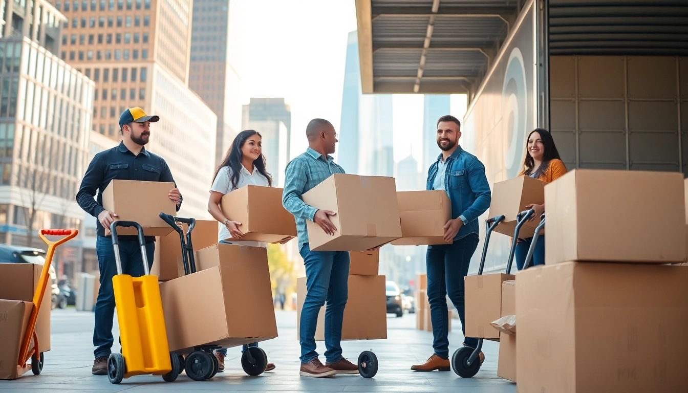 Umzugsunternehmen Worms Team efficiently packing and moving items in a vibrant urban setting.