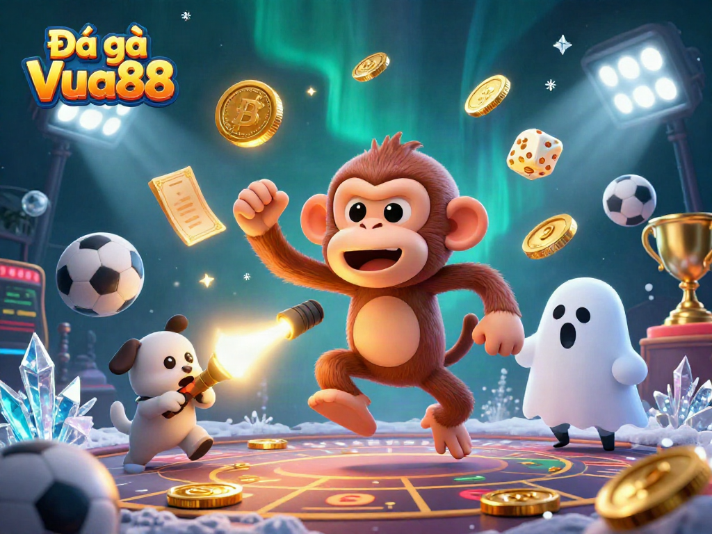 Engage in thrilling Đá gà Vua88 with an illustration of a poltergeist monkey juggling golden game elements amidst a chaotic casino.