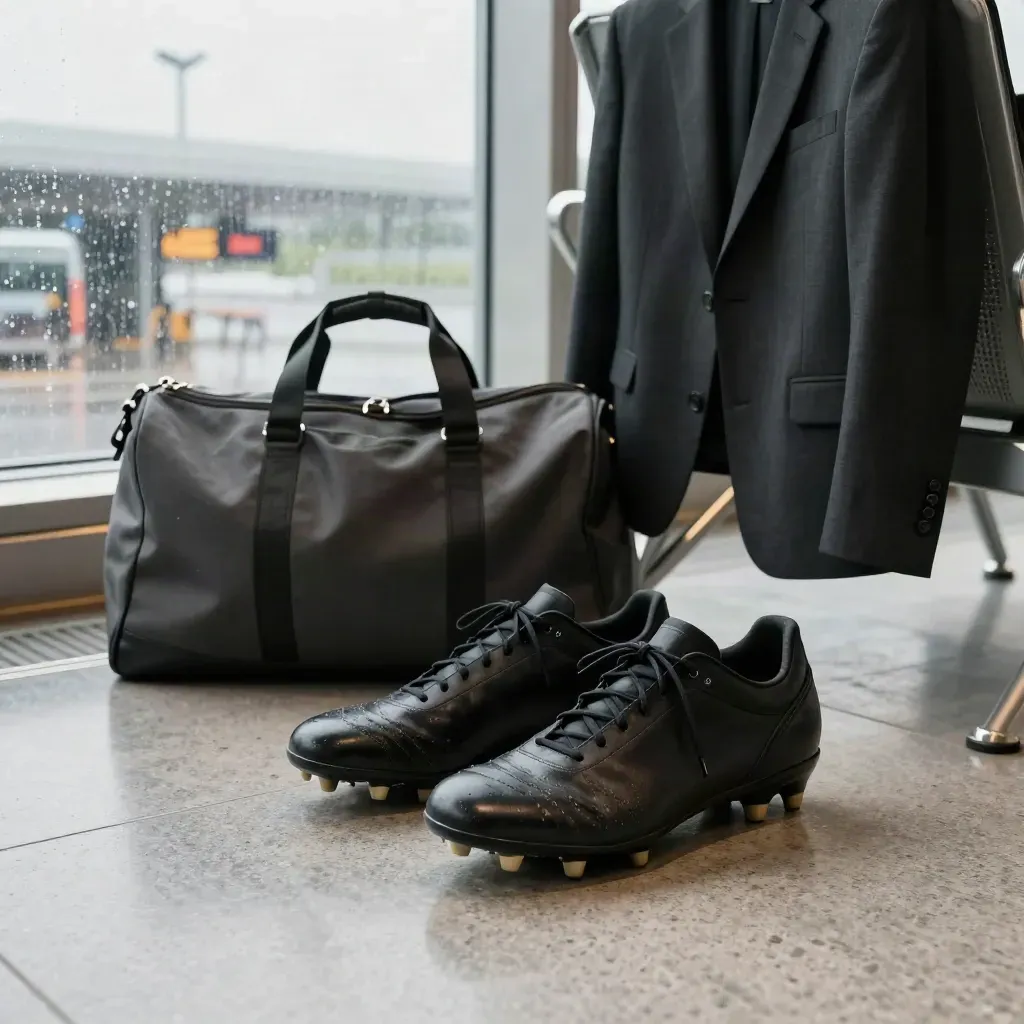 Schwarze Fußballschuhe, Reisetasche und Blazer im Flughafen bei Regen am Fenster.