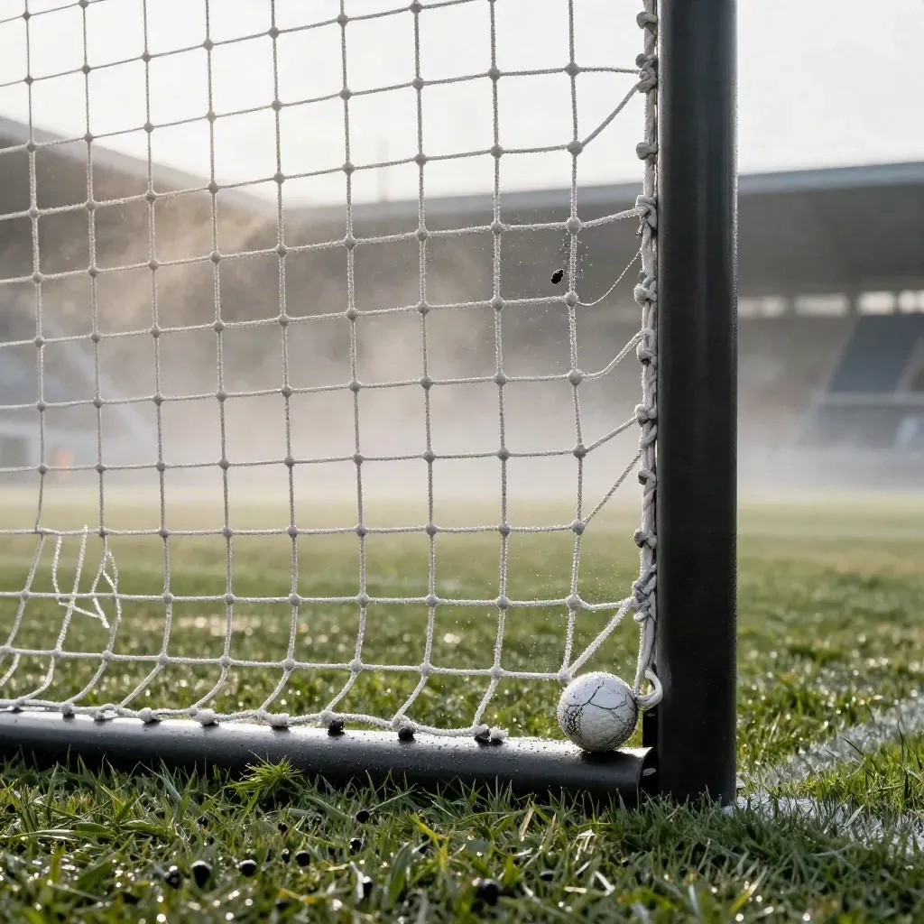Fußball im Tornetz bei Morgendämmerung, nasser Rasen und Sprühnebel am Torrahmen