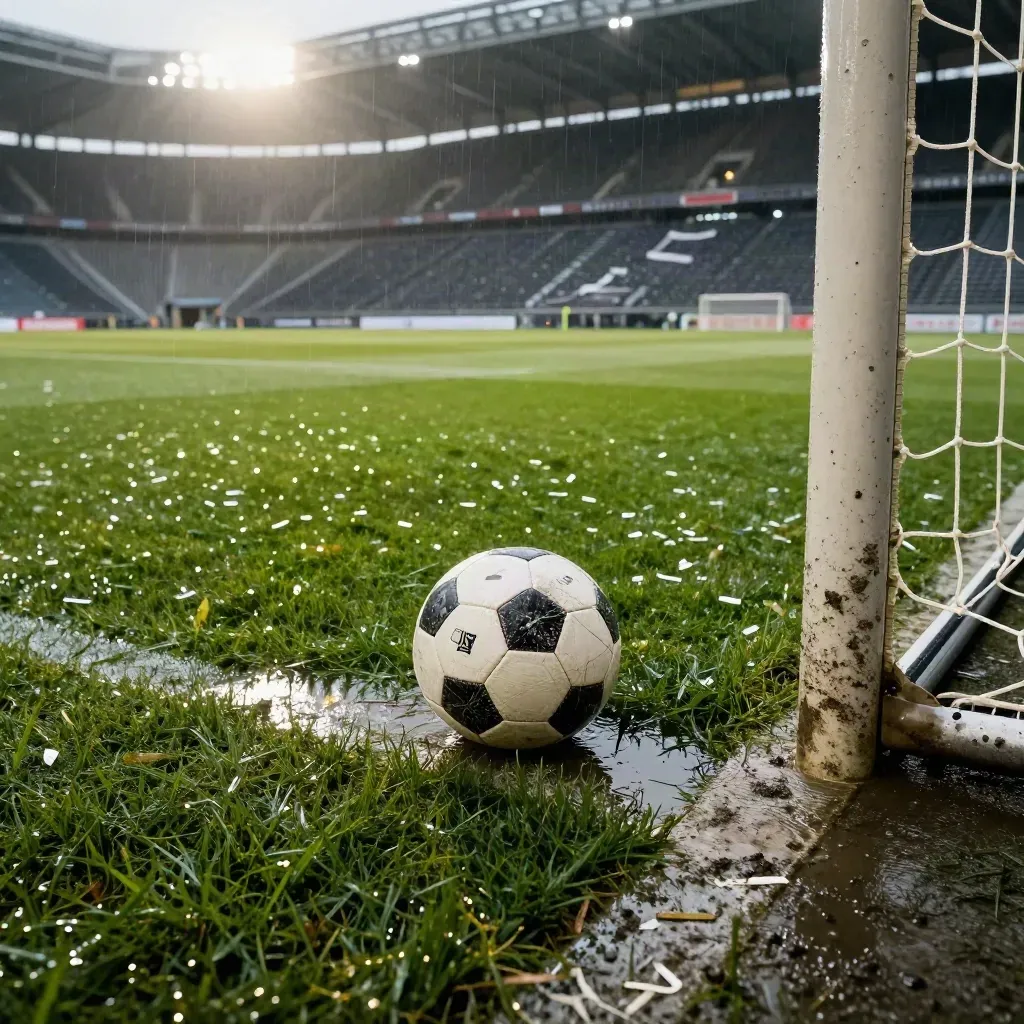 Leerer Strafraum mit Ball im Pfützenwasser, Konfetti und nassen Rängen nach dem Abpfiff