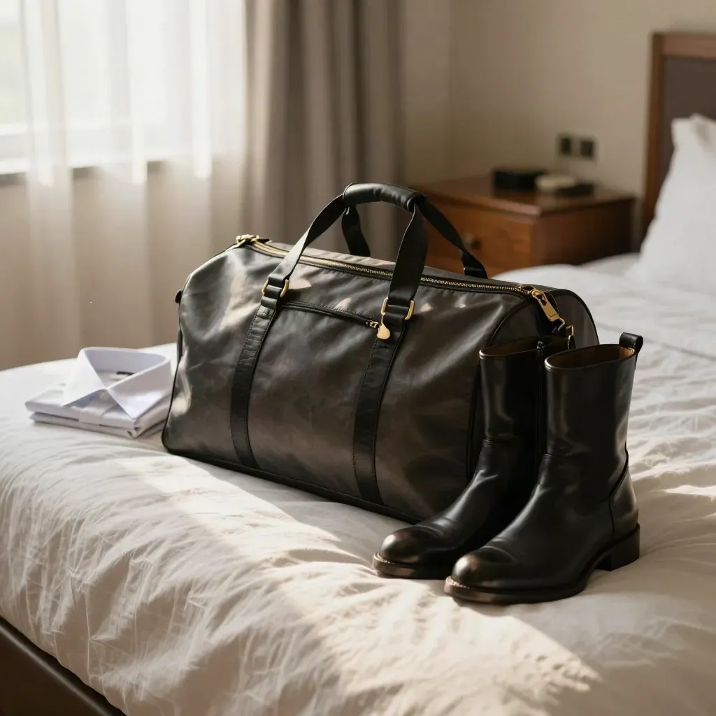 Reisetasche, Polierstiefel und Hemdkragen auf einem Hotelbett im warmen Nachmittagslicht.