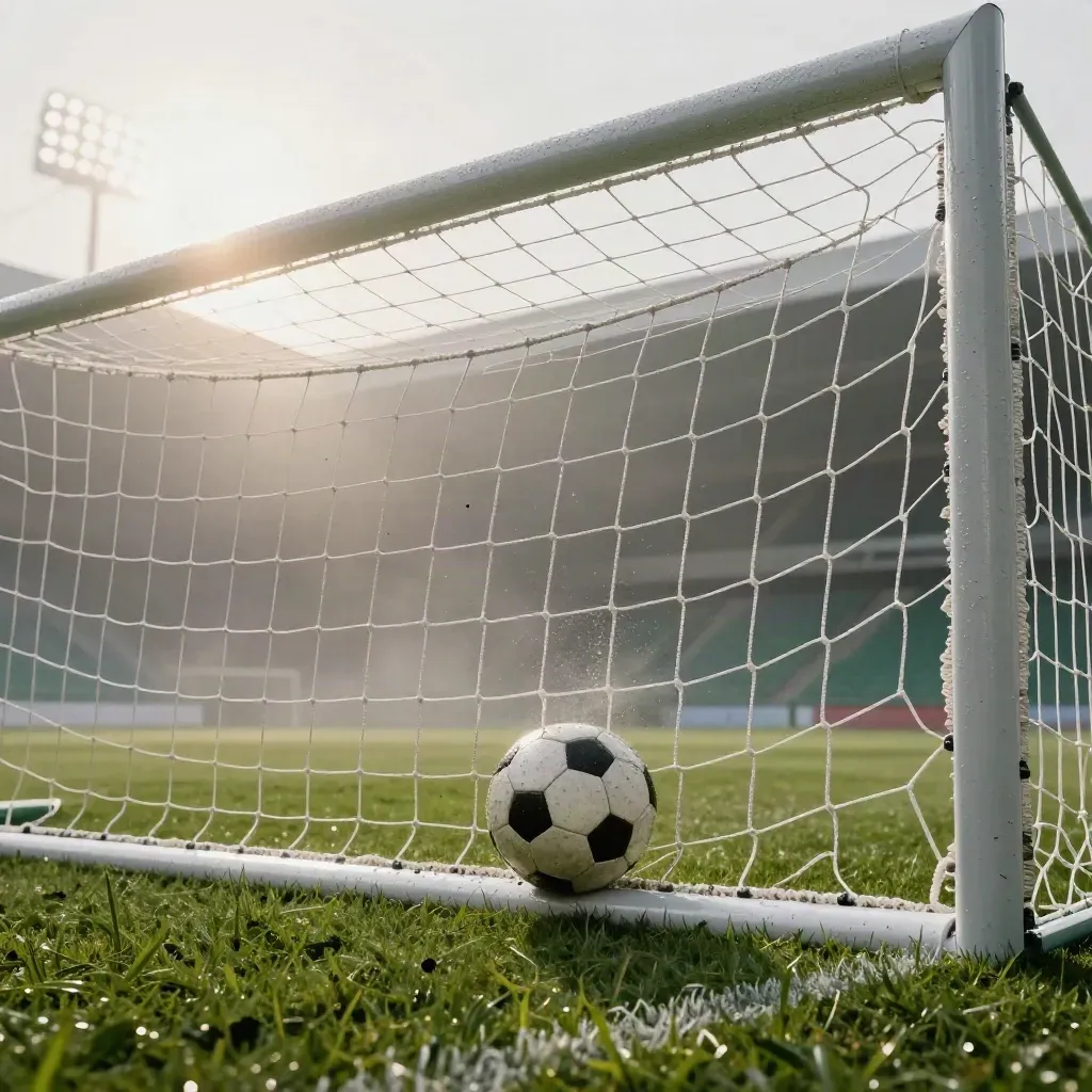 Ball im Netz unter Flutlicht, mit Rasenpartikeln und Nebel