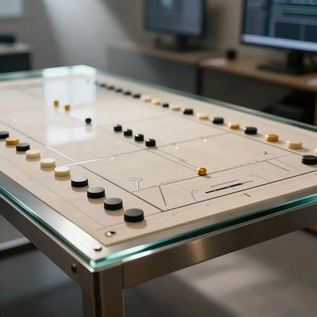 Glas-Taktiktafel mit Spielmarkern und Monitorreflexion in kühlem Raumhaze.