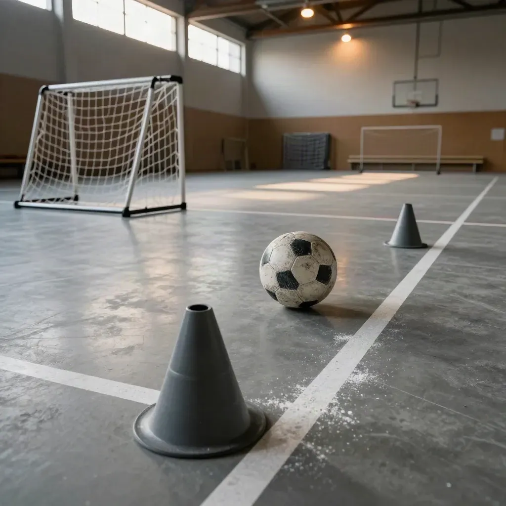 Leere Futsalhalle mit Toren, Hütchen und Ball im sanften Skylight.