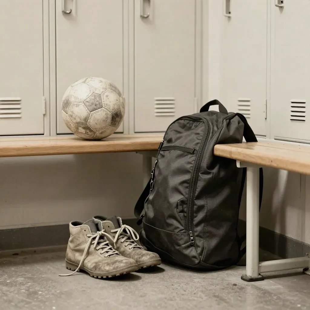 Jugendkabine mit Schuh, Sporttasche und Ball im weichen Tageslicht
