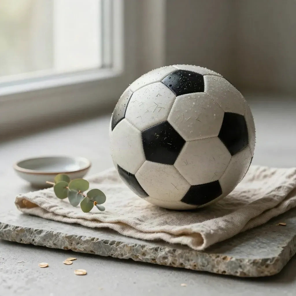 Matchball auf Steintray mit Leinentuch, Eukalyptuszweig und Schale bei weichem Licht.