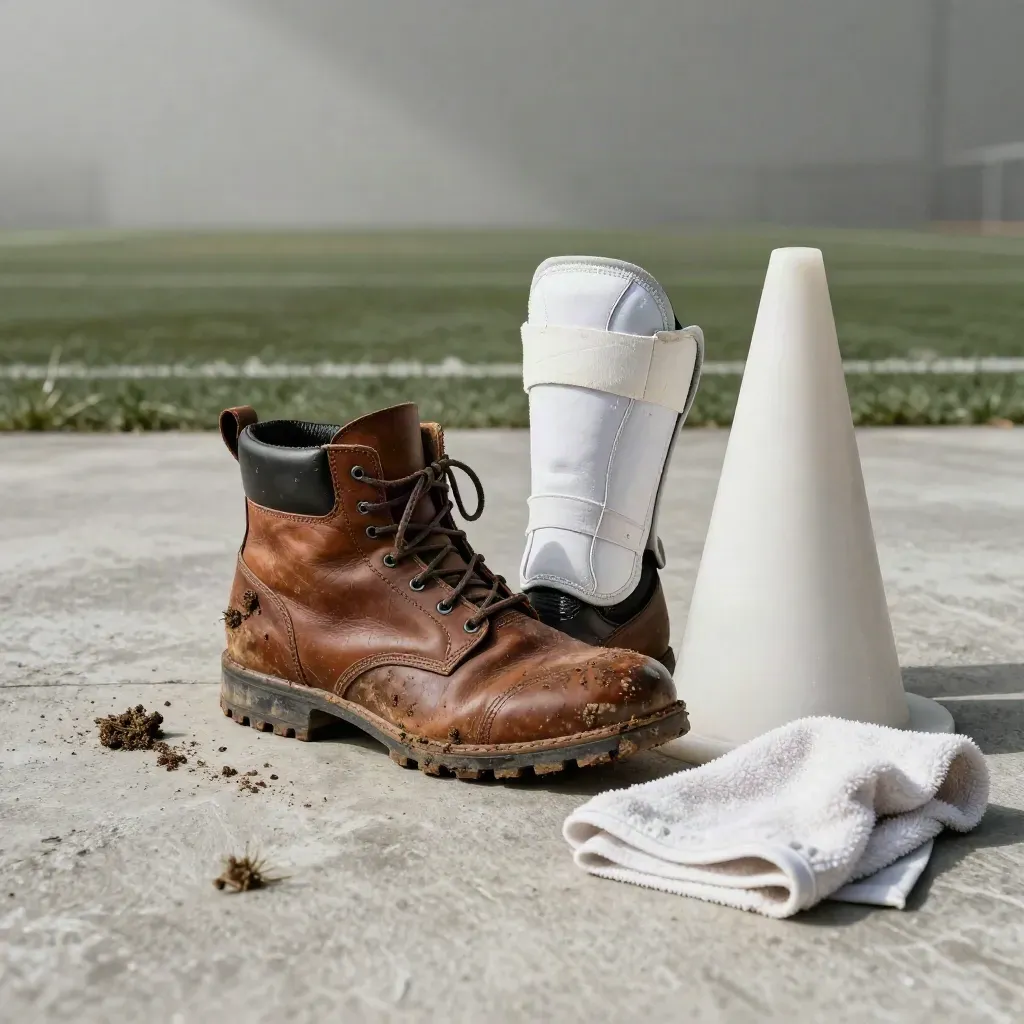 Schlammiger Fußballschuh neben Schienbeinschoner, Hütchen und Handtuch auf hellem Beton.