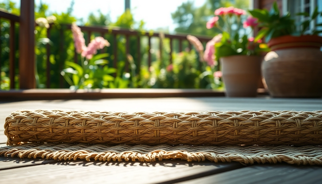 Hanfmatte auf Holzdeck mit natürlichen Texturen und sonnigem Garten im Hintergrund.