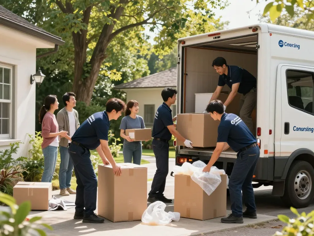 Professionelle Umzugshelfer von umzugsunternehmen Hannover packen effizient die Habseligkeiten einer Familie in einen Umzugswagen.