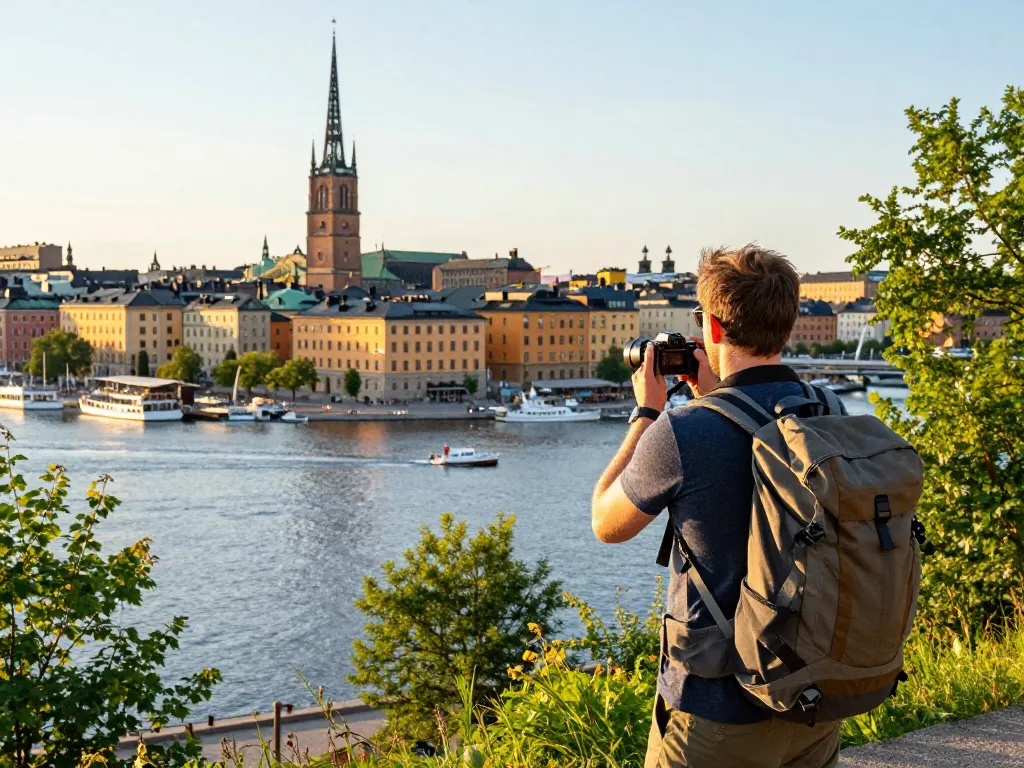 Reisetipps Stockholm: Reisender genießt den panoramischen Blick auf die Skyline von Stockholm während der goldenen Stunde.