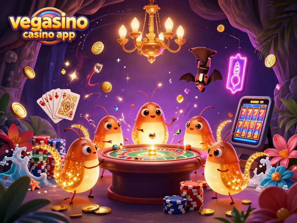 Experience the excitement of the vegasino casino app with vibrant glowworms and golden game elements.
