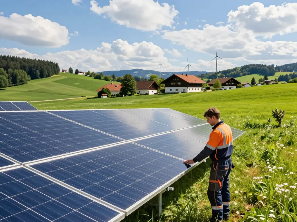 Photovoltaik Bayern: Techniker inspiziert Solarpanels in lebhaftem bayerischen Landschaft