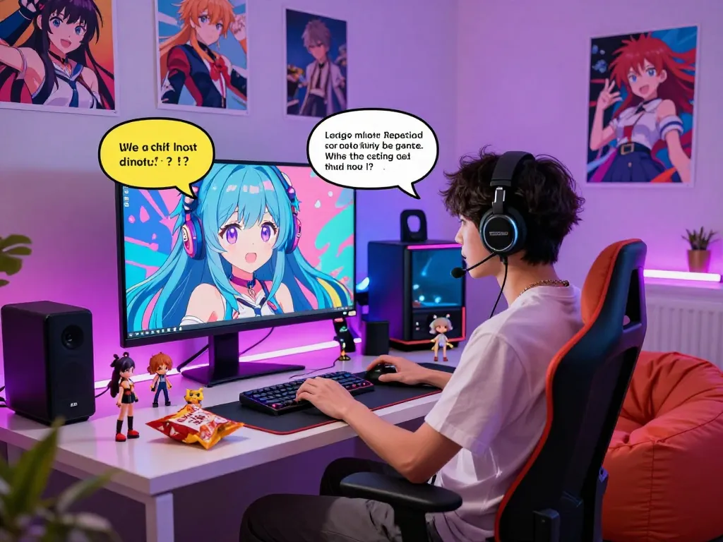 Exciting interaction in hentai AI chat with vibrant anime character and user at a colorful gaming setup.