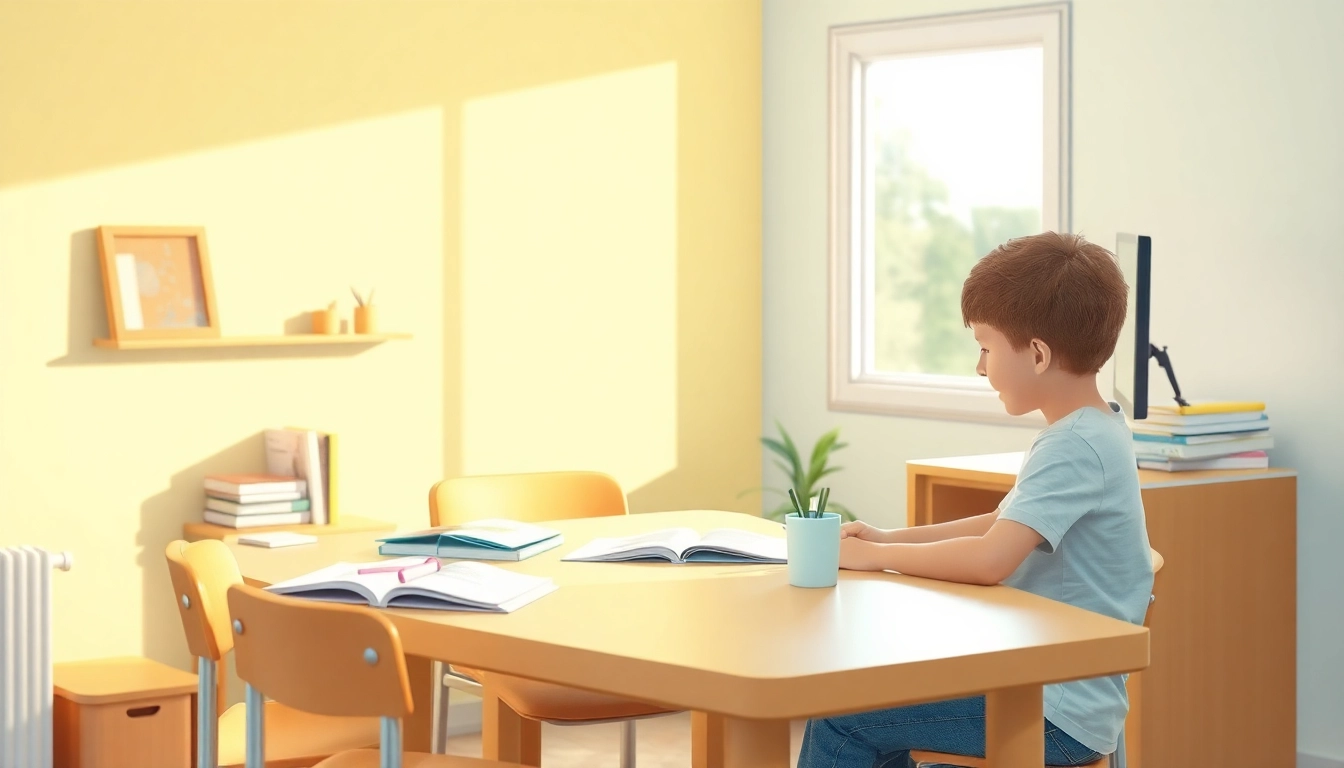 Ein Kind lernt zu Hause im Heimunterricht – einladende Lernumgebung mit Materialien.
