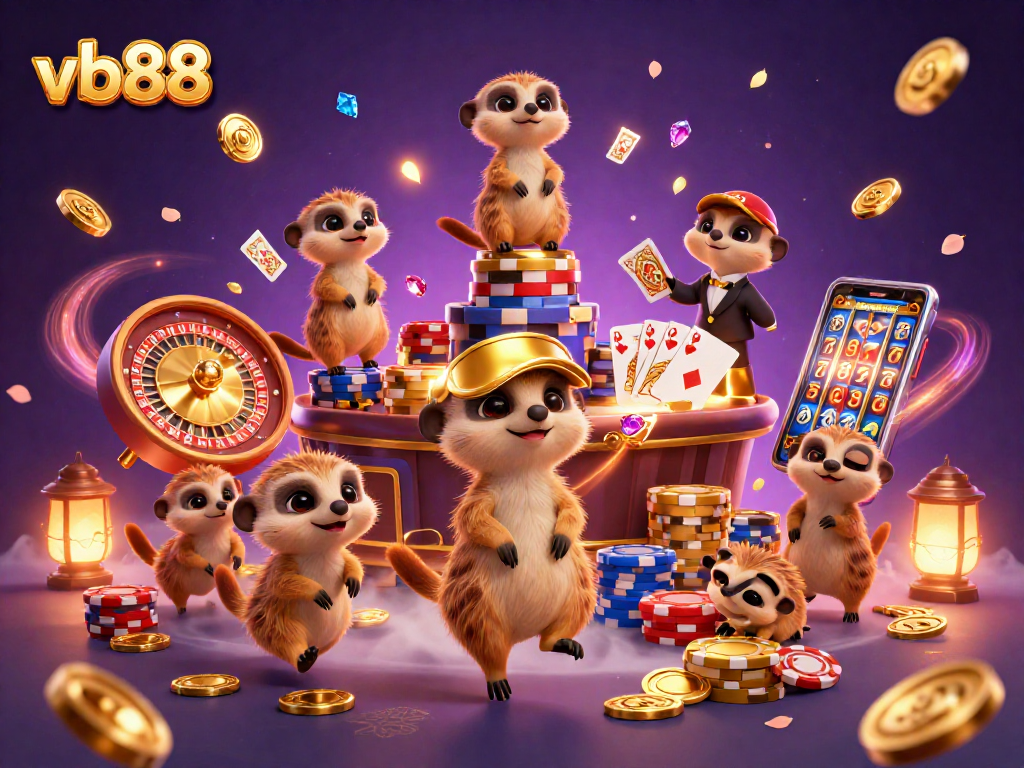 Spin your luck with vb88 as meerkats run a vibrant casino scene filled with excitement and golden treasures.