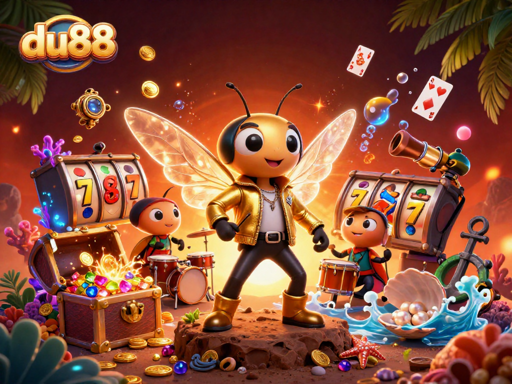 Dive into du88 with a vibrant casino scene featuring thrilling slot reels and energetic characters.
