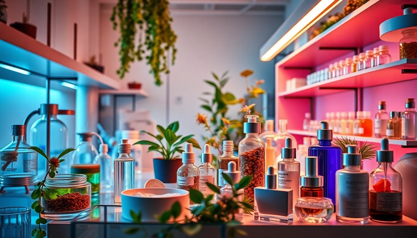 Kosmetikhersteller Deutschland showcases a modern beauty lab with natural ingredients and innovative products.