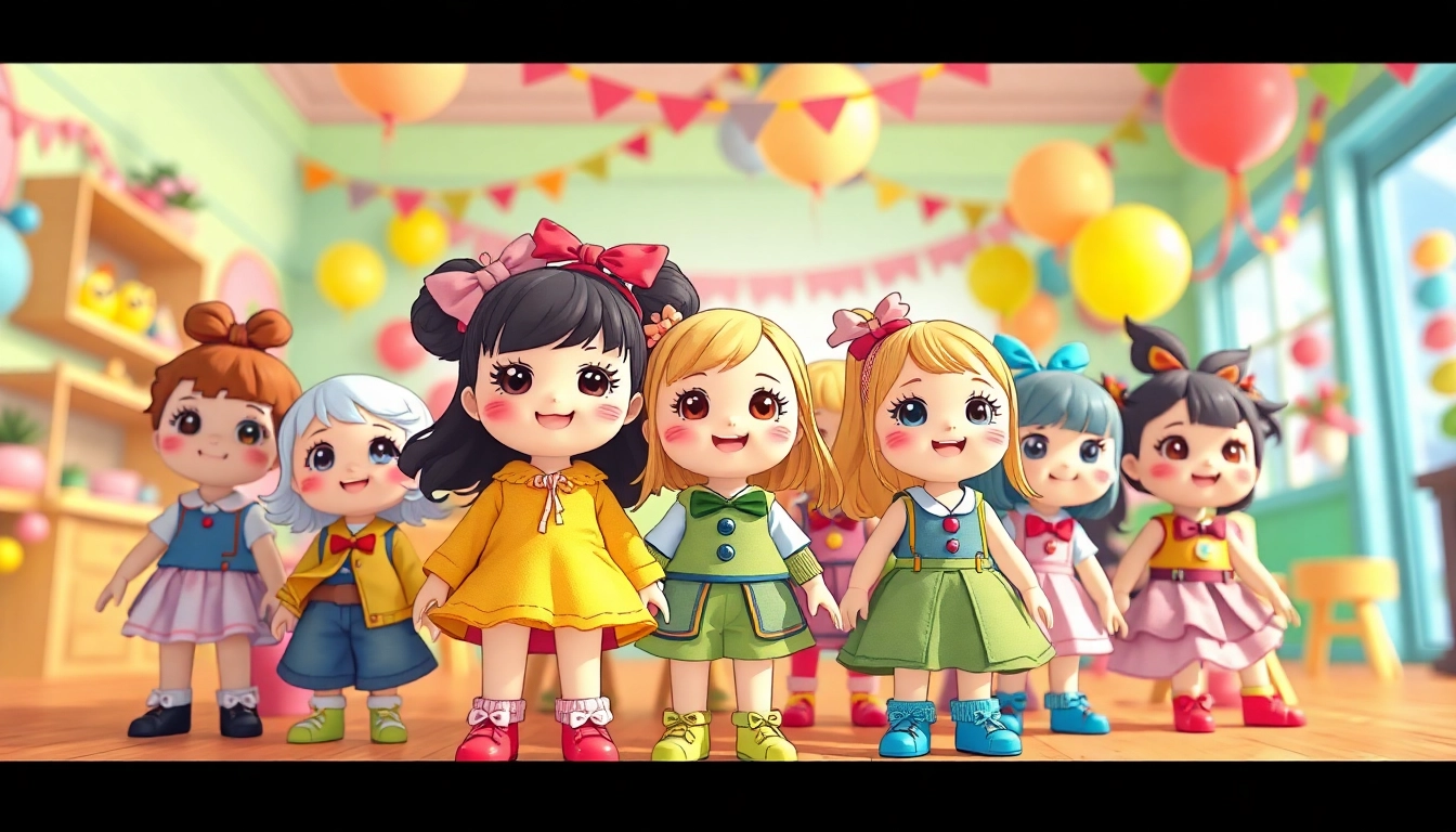 Gutdolls in einer bunten, spielerischen Umgebung ausgestellt, die Freude und Vielfalt verkörpern.