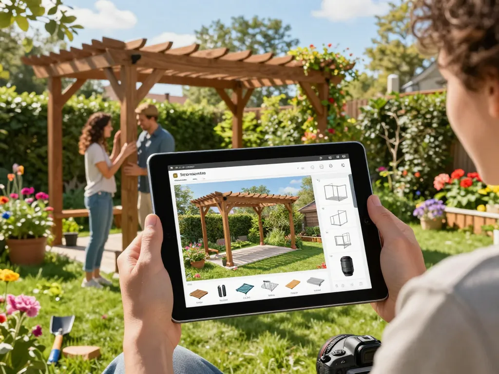 Ein Paar, das glücklich einen Pergola 3D Konfigurator in einer lebhaften Gartenumgebung nutzt und dabei die Kreativität im Außenbereich demonstriert.