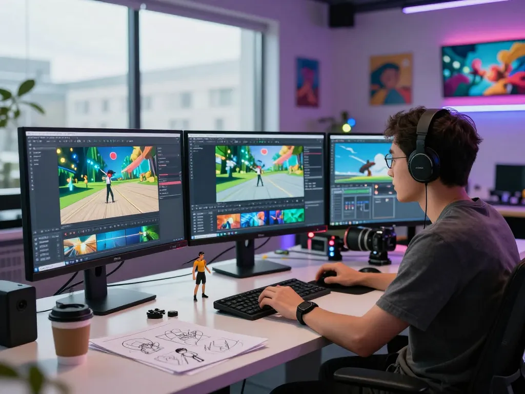 Animator using motion control AI in a studio setting with digital screens and creative tools.