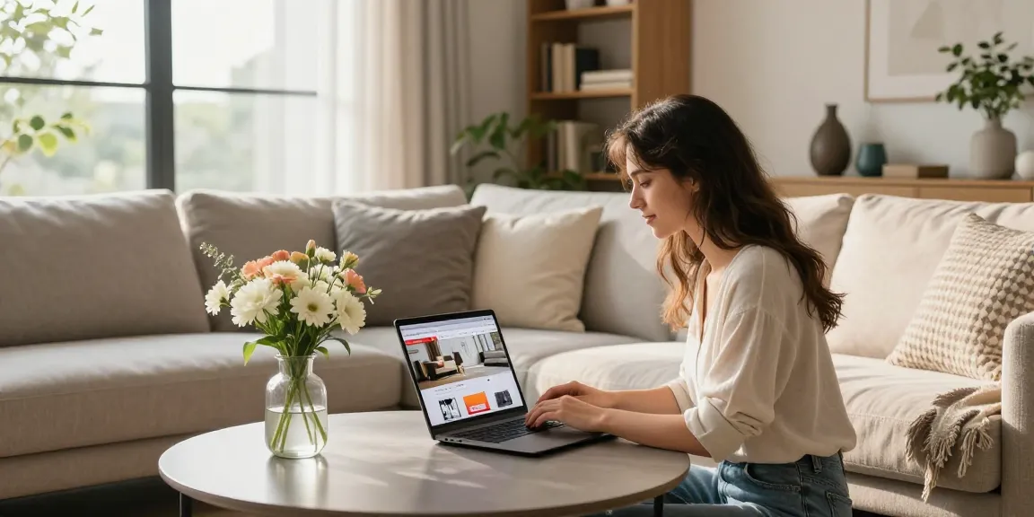 Junge Frau, die im stilvollen Wohnzimmer nach Möbeloptionen für Möbel Online Kaufen sucht.