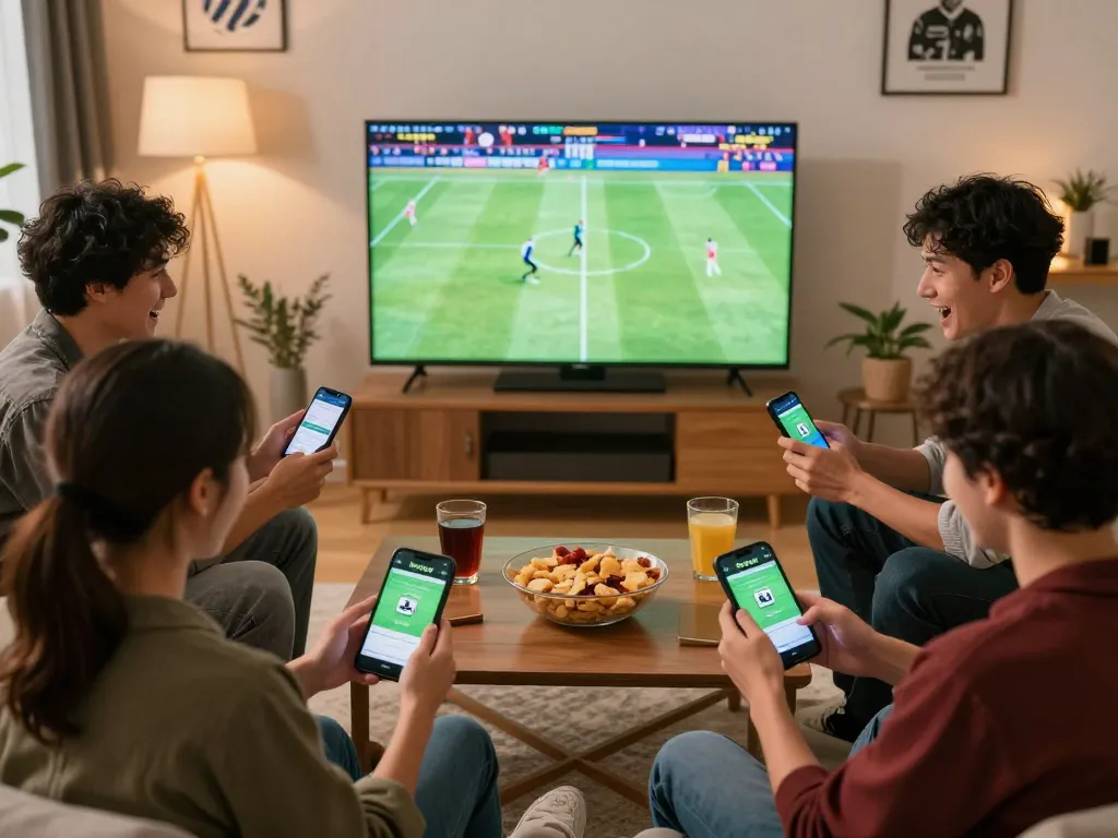 Friends engaging in lively sports betting with the bsport app during a game night