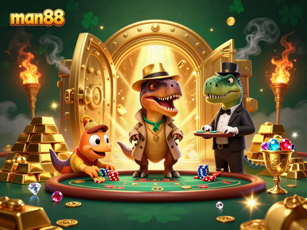 man88 captures the excitement of betting as a velociraptor card counter interacts with a stegosaurus pit boss at an online casino.