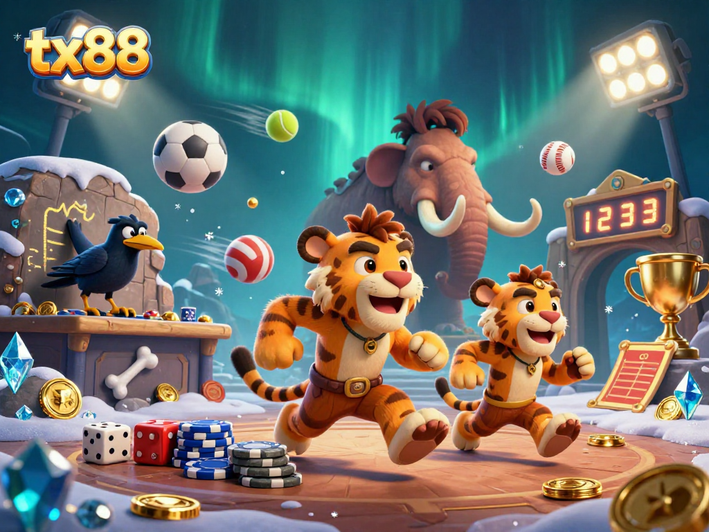 Experience the vibrant tx88 casino scene with dynamic sports betting elements featuring a prehistoric duo.