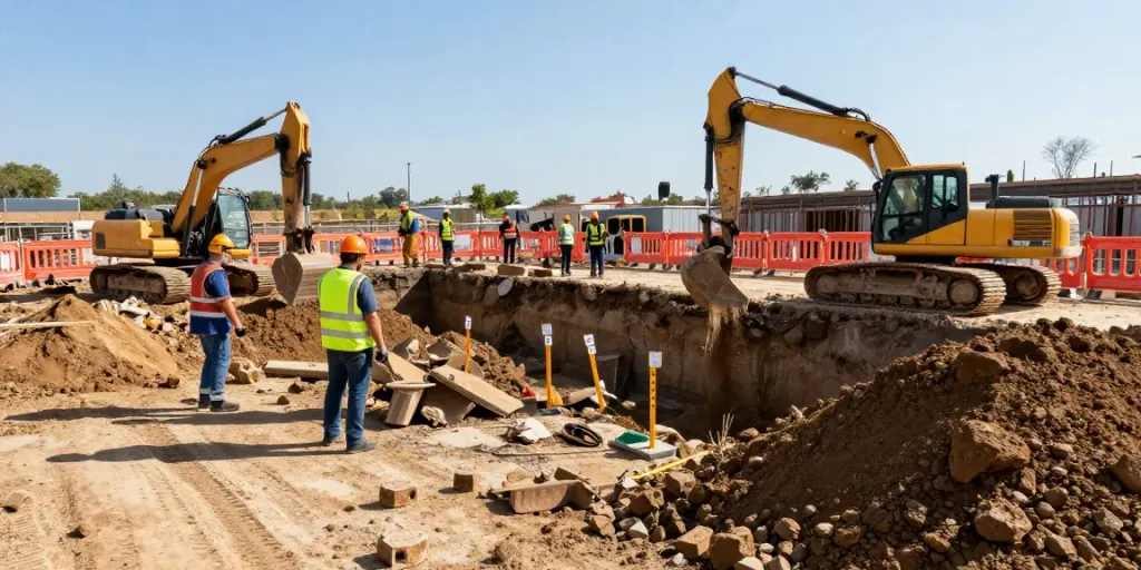 Professionelle Baugrubensicherungskosten mit Baustellenarbeitern und Maschinen.