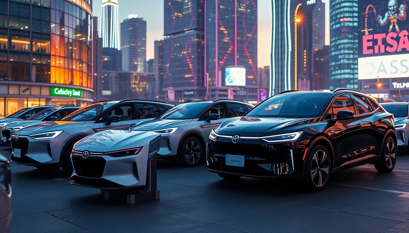 Elektroautos in einer modernen Stadtlandschaft, die nachhaltige Mobilität verkörpern.