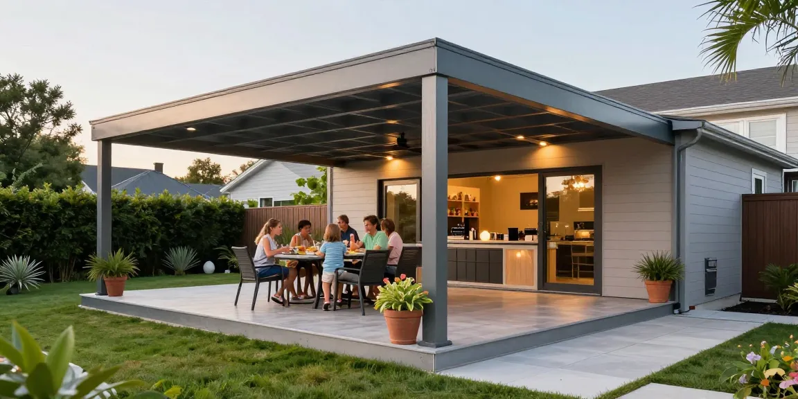 Terrassenüberdachung mit modernen Möbeln und Pflanzen im Garten