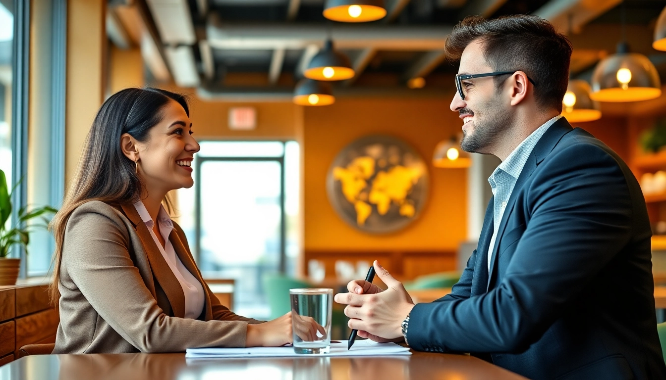 Headhunter Gastronomie interviews a candidate in a modern café.