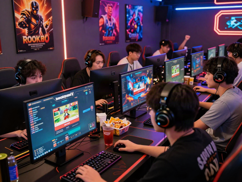 Players engaging with rokok88 login on dynamic computers in lively gaming environment.
