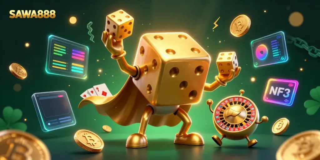 Engage with SAWA888 in this vibrant, detailed illustration showcasing a unique golden dice golem and crypto elements.