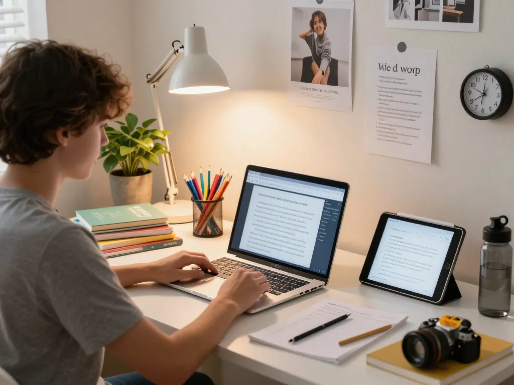 Schüler, der eine Hausaufgaben Löser-App an einem gemütlichen Schreibtisch nutzt, umgeben von Lehrbüchern und Schreibwaren.