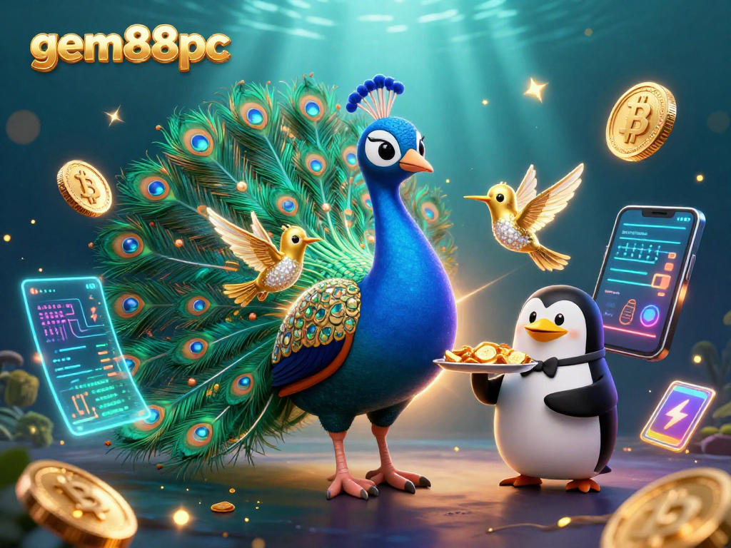 Experience the vibrant world of gem88pc with lively casino characters and glowing crypto elements.