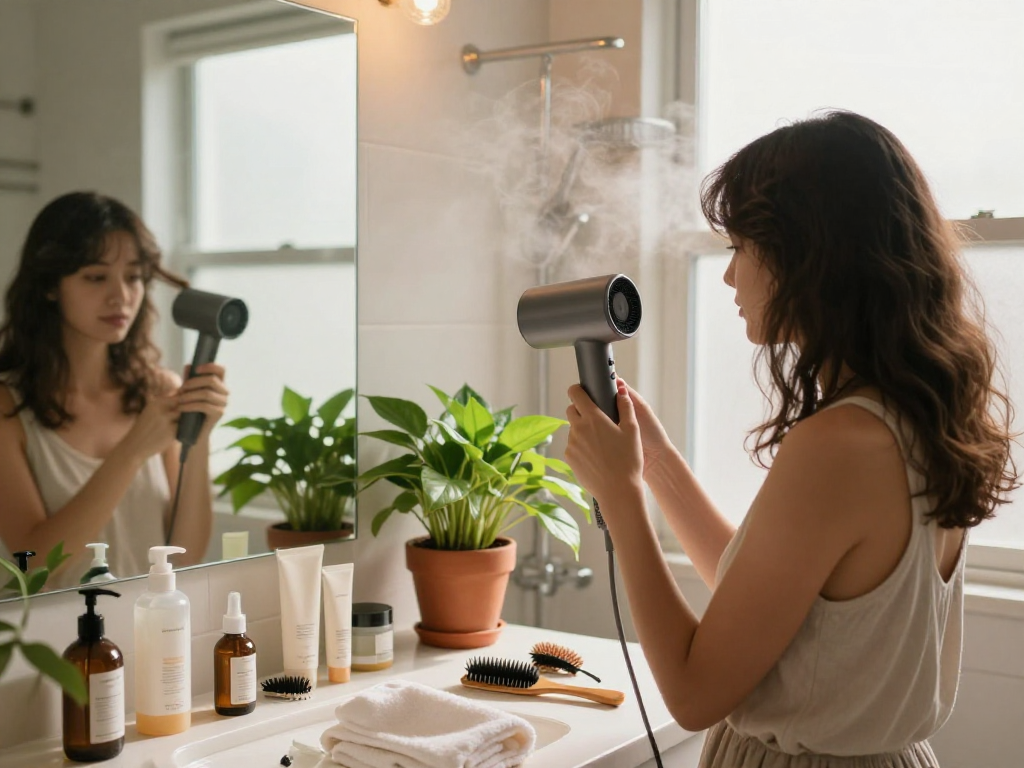 Woman styling hair with a small hair dryer in a cozy bathroom setting, showcasing beauty and self-care.