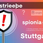 Grafik über Industriespionage in Stuttgart mit einem Schutzschild und Unternehmenssymbolen
