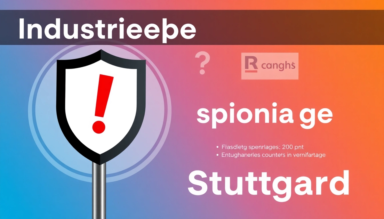 Grafik über Industriespionage in Stuttgart mit einem Schutzschild und Unternehmenssymbolen