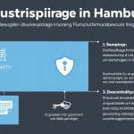 Grafik zur Industriespionage in Hamburg, die Sicherheitsmaßnahmen und Schutzstrategien für Unternehmen visualisiert