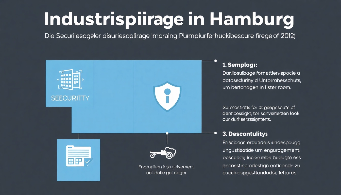 Grafik zur Industriespionage in Hamburg, die Sicherheitsmaßnahmen und Schutzstrategien für Unternehmen visualisiert