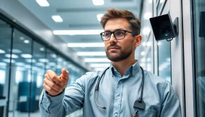 Ein Sicherheitsdienstmitarbeiter prüft ein Gebäude auf Abhörgeräte und stellt sicher, dass Lauschabwehr in Deggendorf gewährleistet ist.