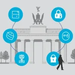 Grafik zur Industriespionage in Berlin mit Symbolen für Datenschutz und Unternehmenssicherheit