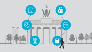 Grafik zur Industriespionage in Berlin mit Symbolen für Datenschutz und Unternehmenssicherheit